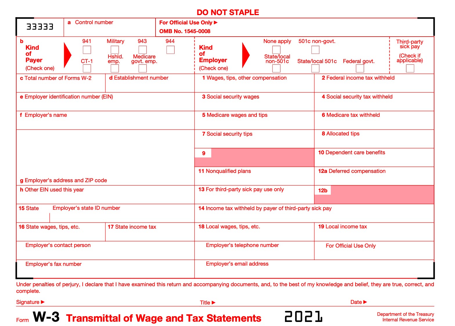 Example of an IRS W-3 Form