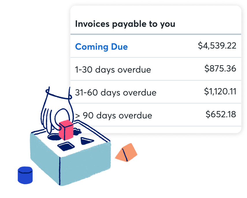 A hand placing shaped pegs into holes, along with a screenshot of Wave's invoice payable dashboard